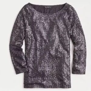 NWT J Crew Black Matte Sequin Boat Neck 3/4 Long Sleeve Dressy Work Blouse - XS